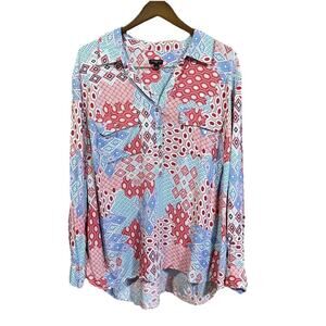 TALBOTS Plus Top Womens 2X Button Down Colorful Artsy Flowy Relaxed Office